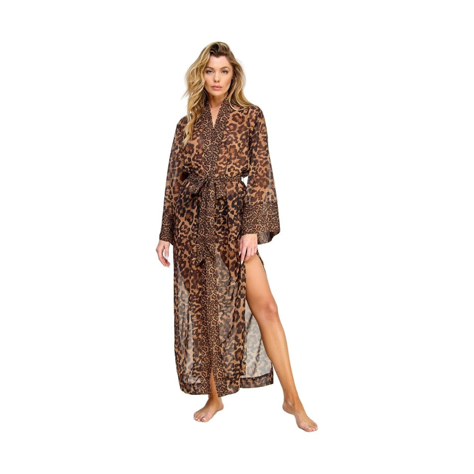 Model wearing long sheer leopard print womens robe with tie waist full length side slit and long sleeves