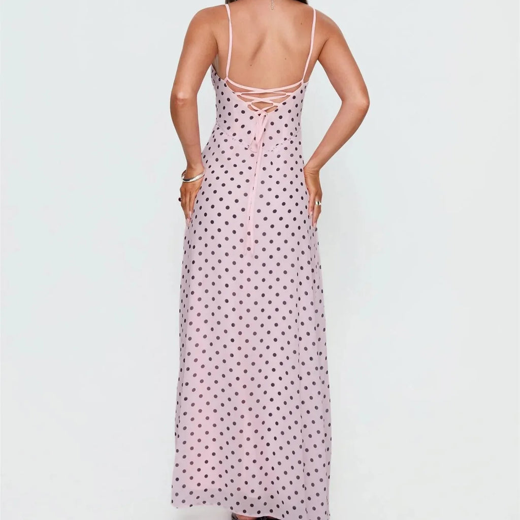 Women's pink polka dot maxi dress for summer outings
