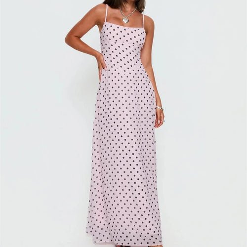 Pink polka dot women's sundress and maxi dress for summer outings