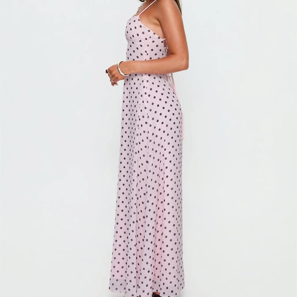 Women's pink polka dot maxi dress for summer outings