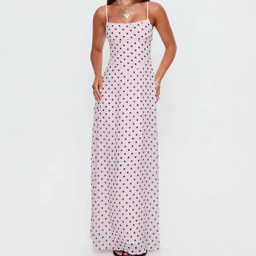 Women's pink polka dot maxi dress, perfect for summer gatherings
