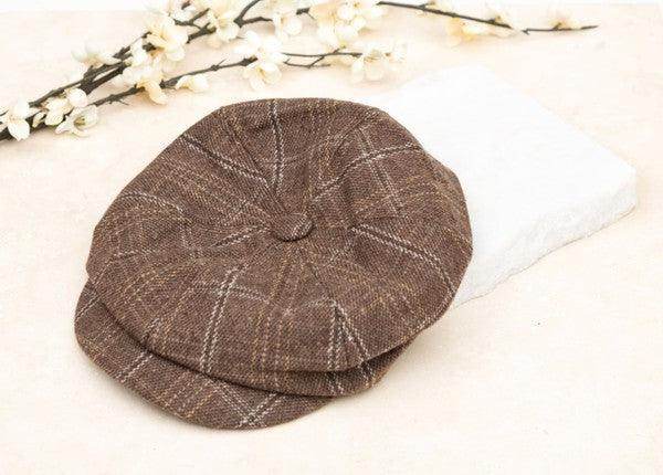 Aili's Corner fashionable brown newsboy hats for women with plaid pattern and button detail