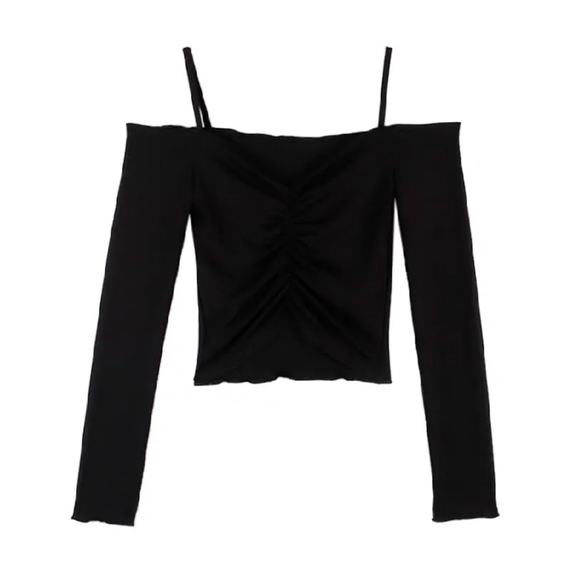 Black off shoulder crop top for women with long sleeves and ruched front design