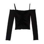 Black off shoulder crop top for women with long sleeves and ruched front design
