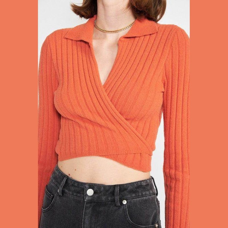 Emory Park orange collared top fashion with ribbed texture and wrap design for stylish women