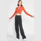 Emory Park orange collared top fashion with ribbed design and cropped fit, styled with black wide-leg jeans