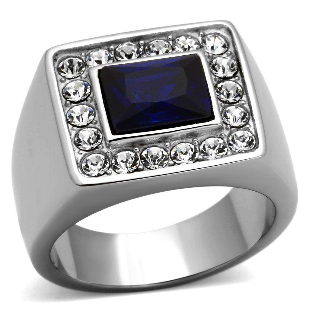 Stylish men's fashion rings for vacation featuring a blue stone and sparkling rhinestones