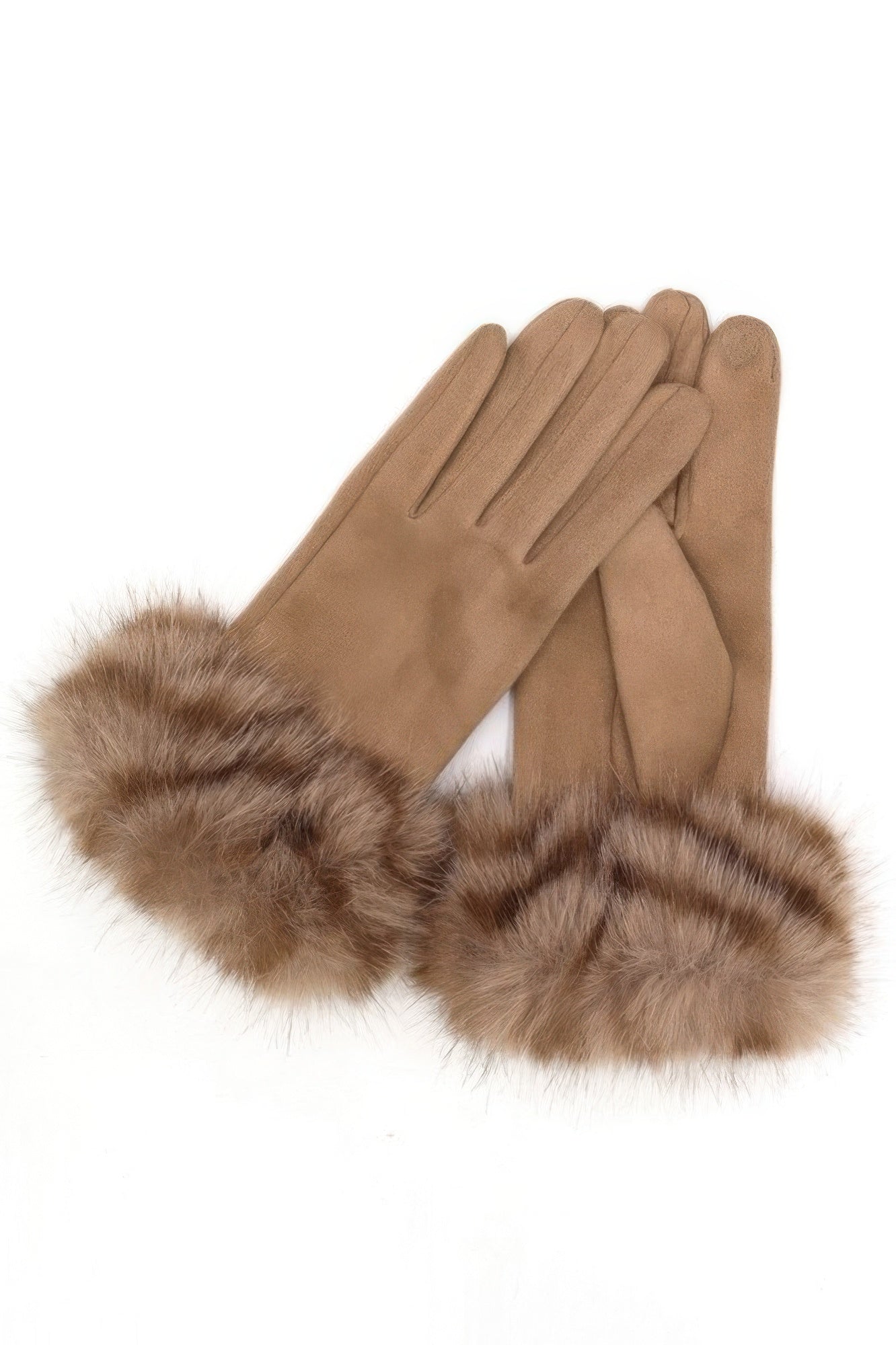 VacationGrabs tan suede gloves with plush fur cuffs stylish smart touch winter gloves for women warm touchscreen friendly