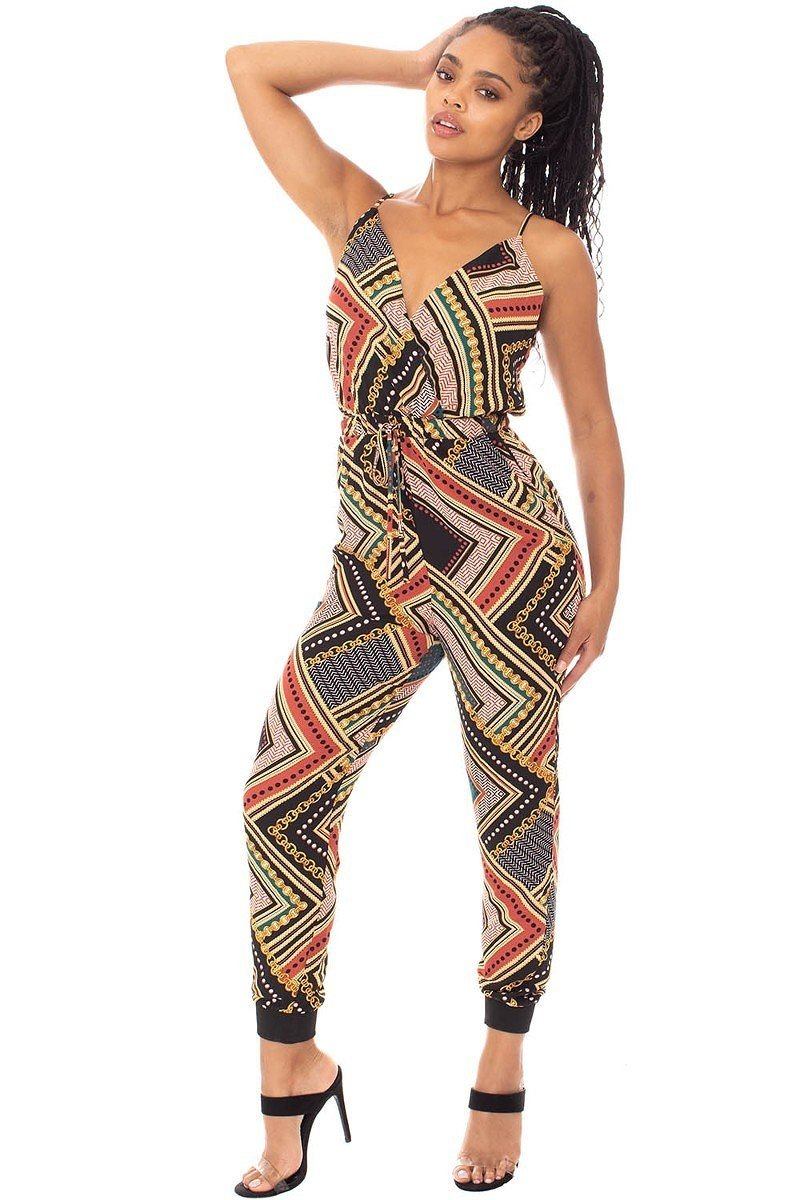 Stylish women's jumpsuit with colorful patterns, perfect for a vacation jumpsuit outfit