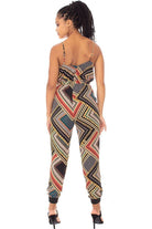 Colorful patterned vacation jumpsuit outfit with adjustable straps and a stylish back design