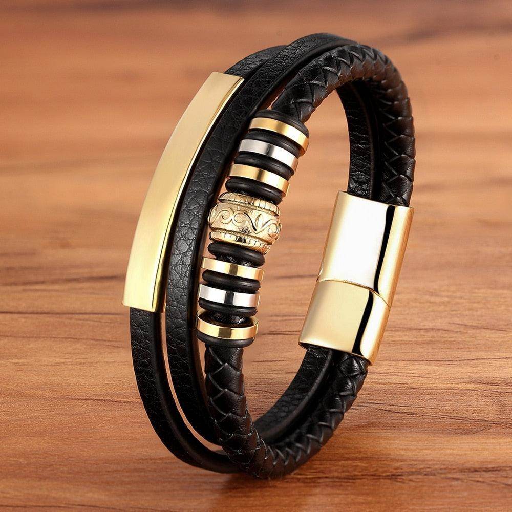 Stylish black leather fashion wristbands for men with gold accents and unique design elements