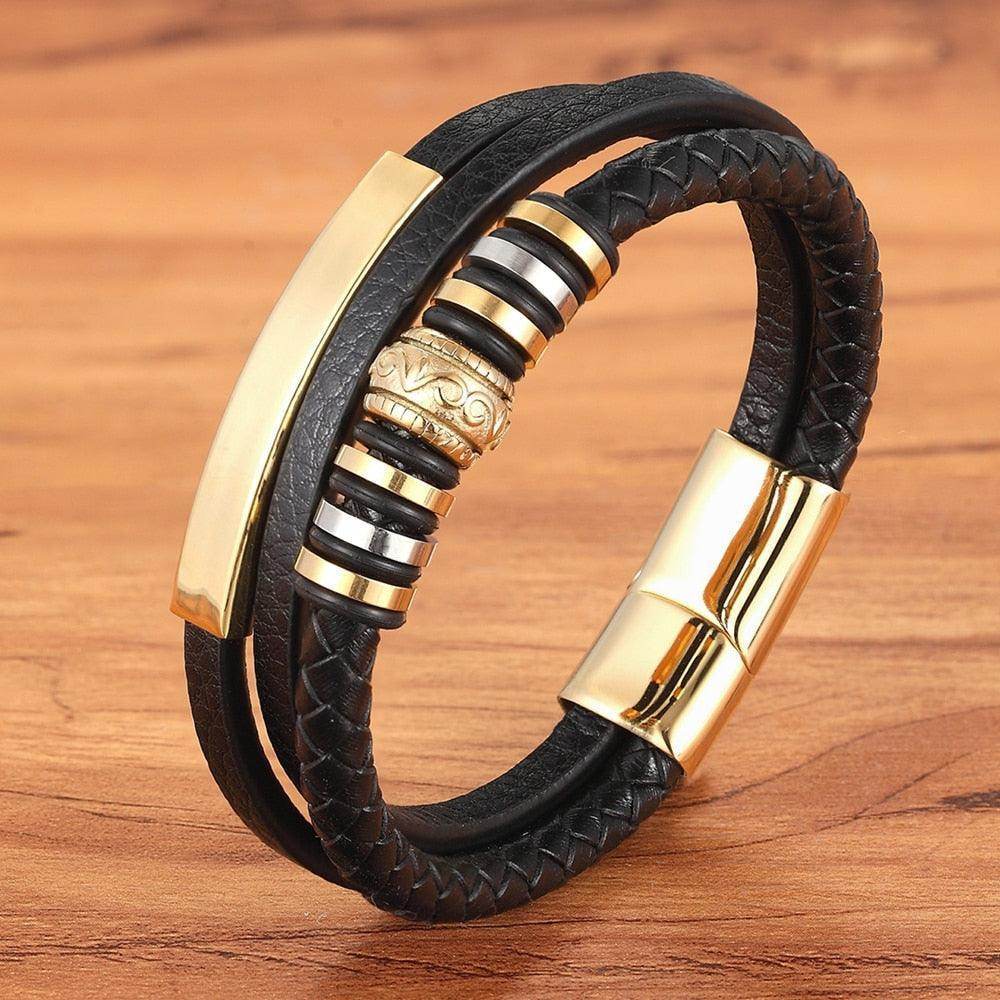 Stylish black leather fashion wristbands for men with gold accents and braided design