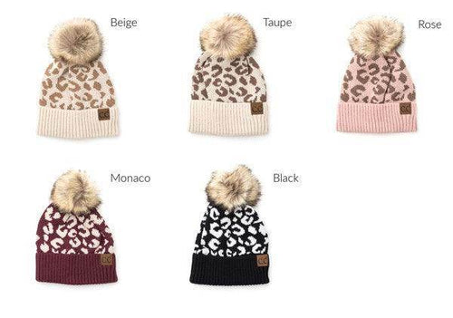 Aili's Corner fashionable animal print beanie collection in beige, taupe, rose, black, and Monaco colors with pom poms
