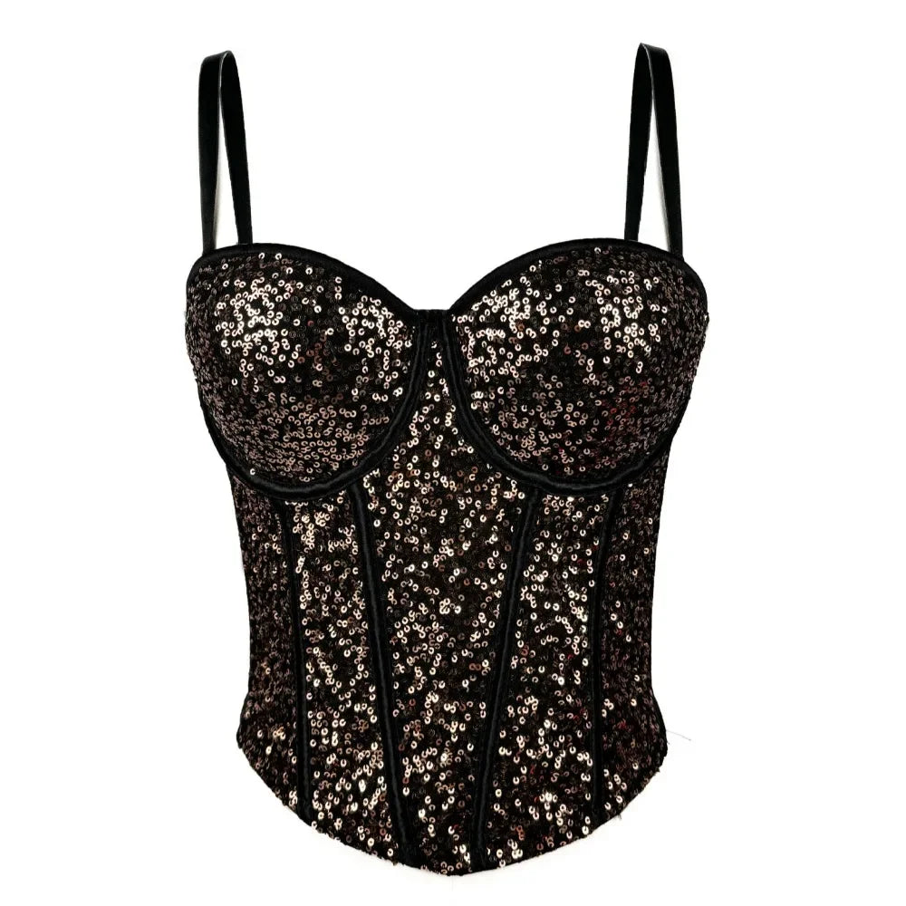 Black fashionable clubwear sequin cami with thin straps and structured bust design