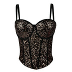 Black fashionable clubwear sequin cami with thin straps and structured bust design