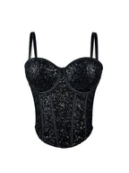 Black fashionable clubwear sequin cami with adjustable thin straps and structured bust