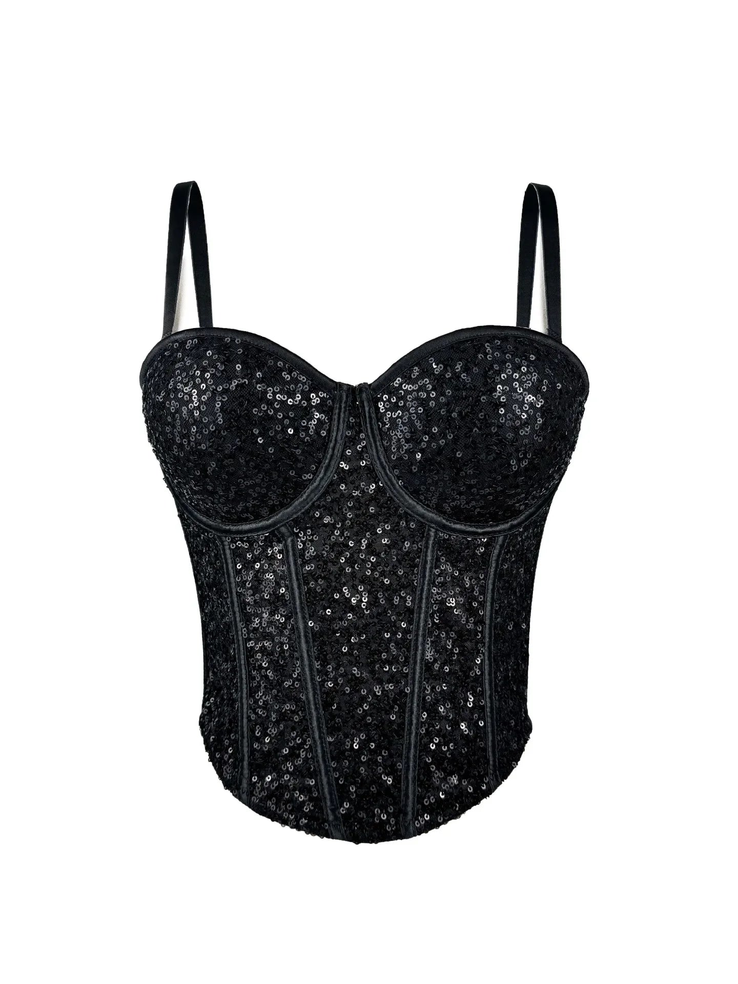 Black fashionable clubwear sequin cami with adjustable thin straps and structured bust
