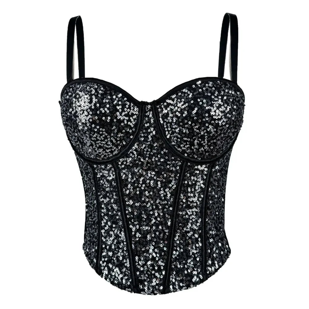 VacationGrabs black fashionable clubwear sequin cami with adjustable straps and structured cups