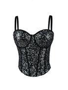 Black fashionable clubwear sequin cami with adjustable straps and structured cups for a stylish night out