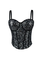 Black fashionable clubwear sequin cami with adjustable straps and structured cups for a stylish night out