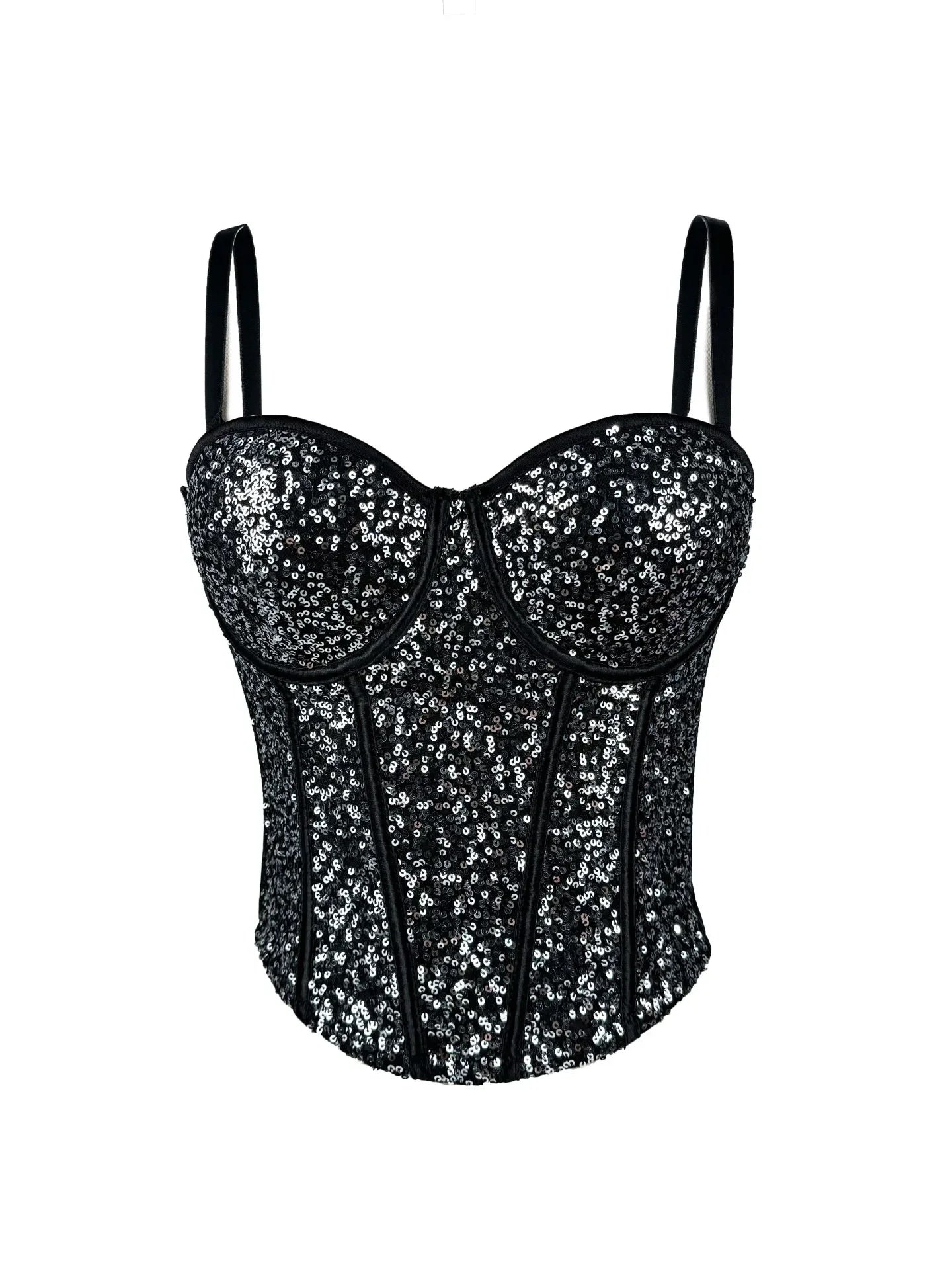 Black fashionable clubwear sequin cami with adjustable straps and structured cups for a stylish night out