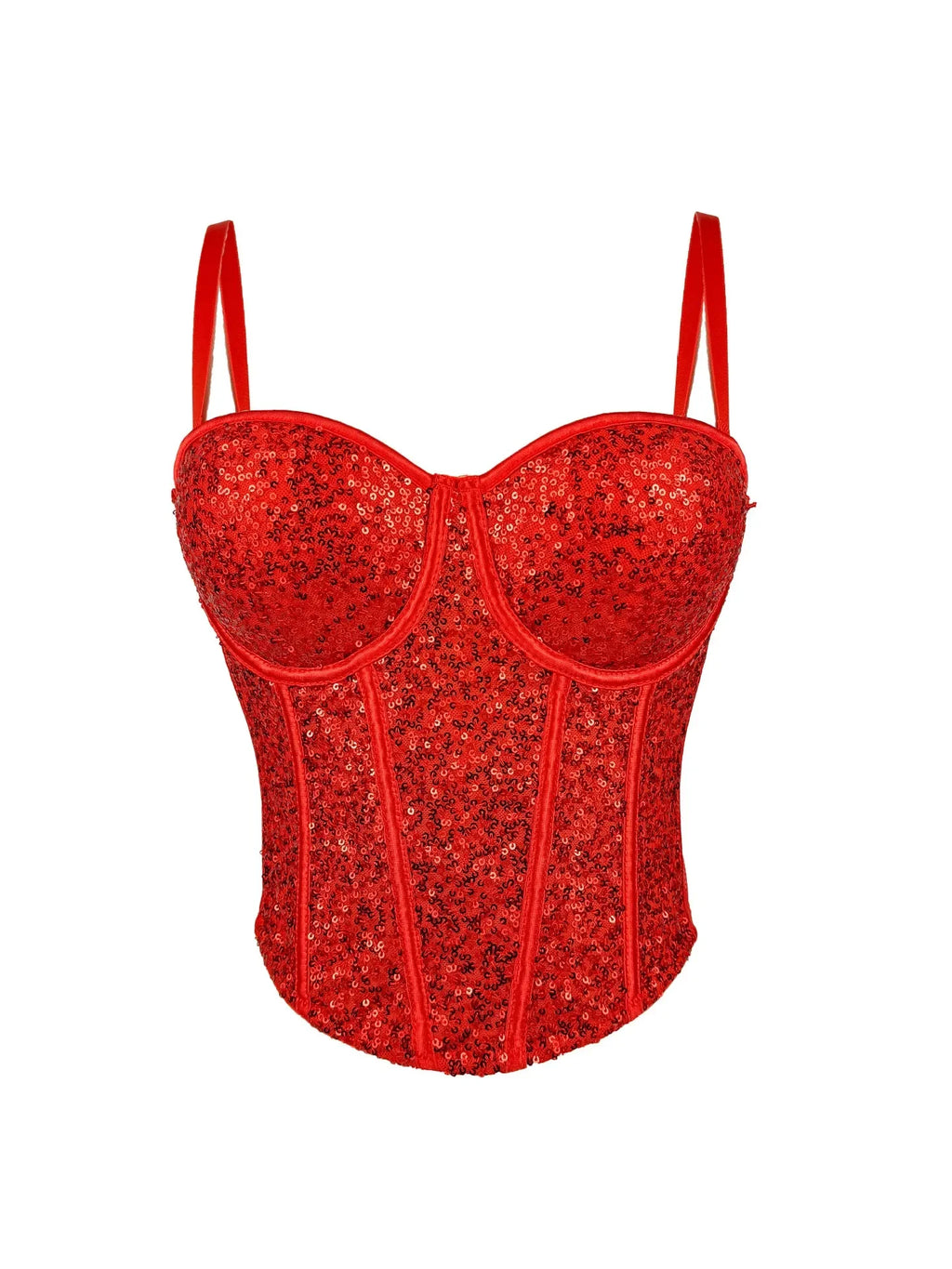 Red fashionable clubwear sequin cami with spaghetti straps and structured bodice