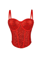 Red fashionable clubwear sequin cami with spaghetti straps and structured bodice