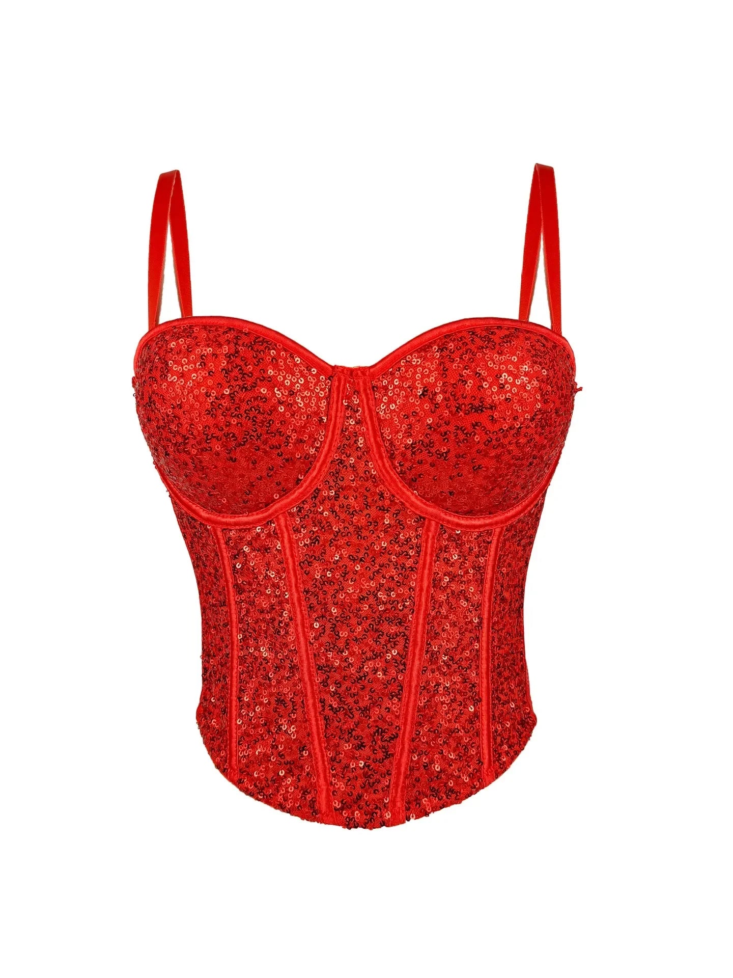 Red fashionable clubwear sequin cami with spaghetti straps and structured bodice