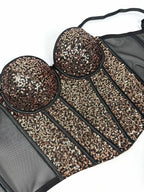 VacationGrabs fashionable clubwear sequin cami with padded bust and black mesh sides
