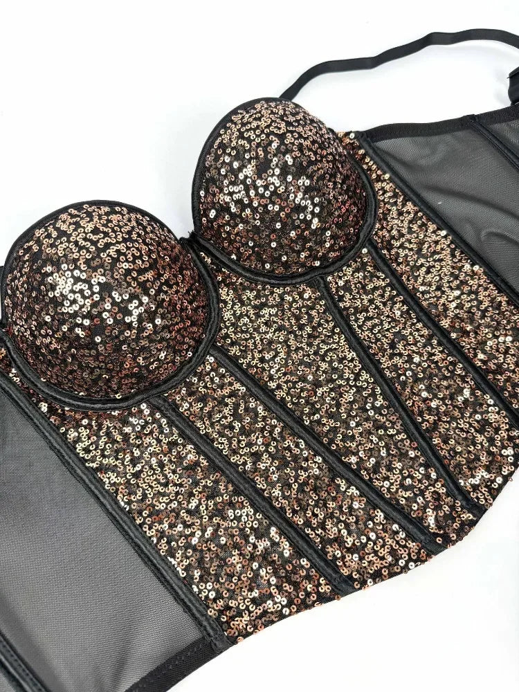 VacationGrabs fashionable clubwear sequin cami with padded bust and black mesh sides
