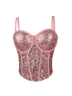 Pink fashionable clubwear sequin cami with structured cups and adjustable straps