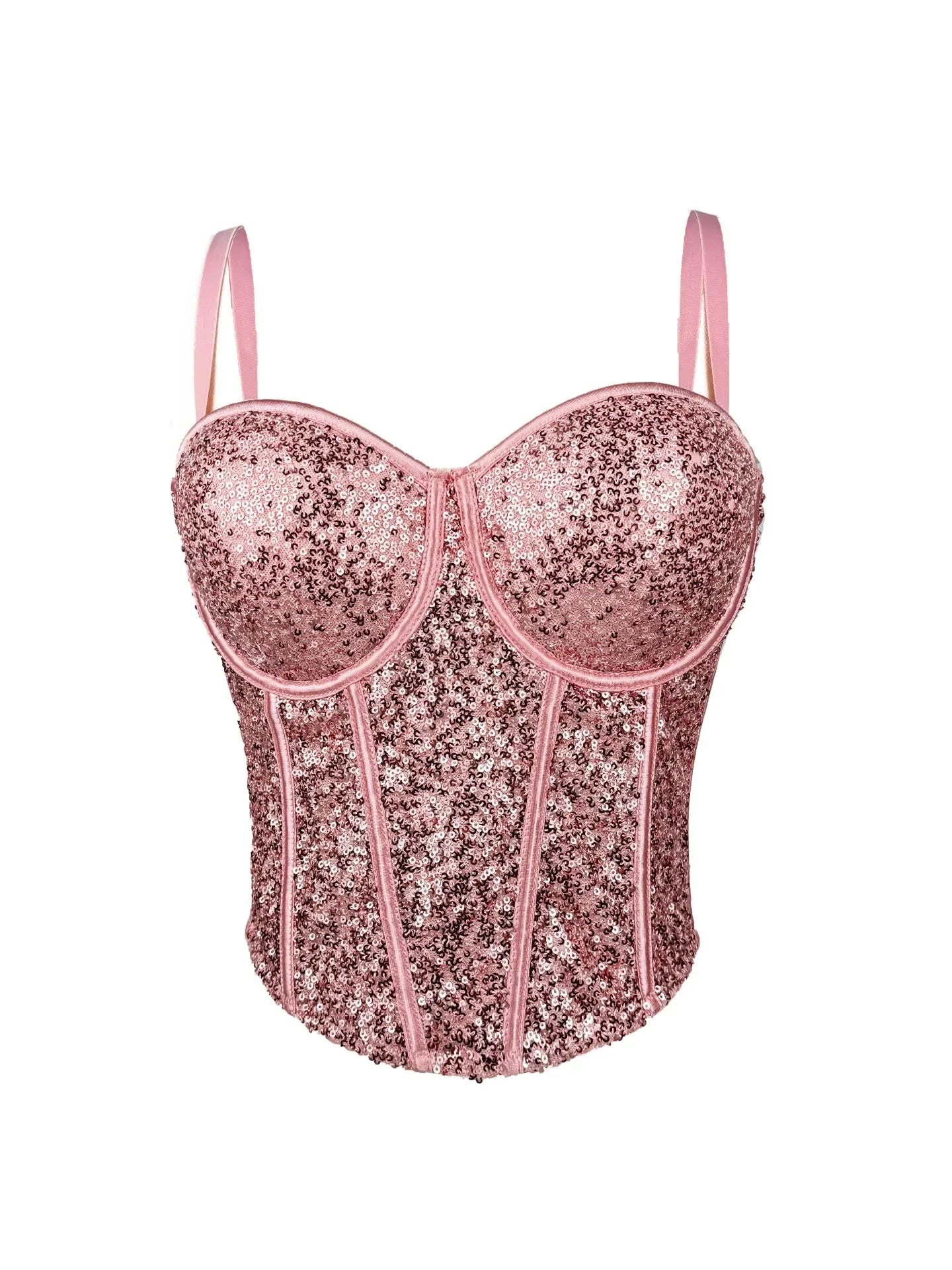 Pink fashionable clubwear sequin cami with structured cups and adjustable straps