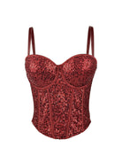 Fashionable clubwear sequin cami in deep red with structured cups and adjustable straps