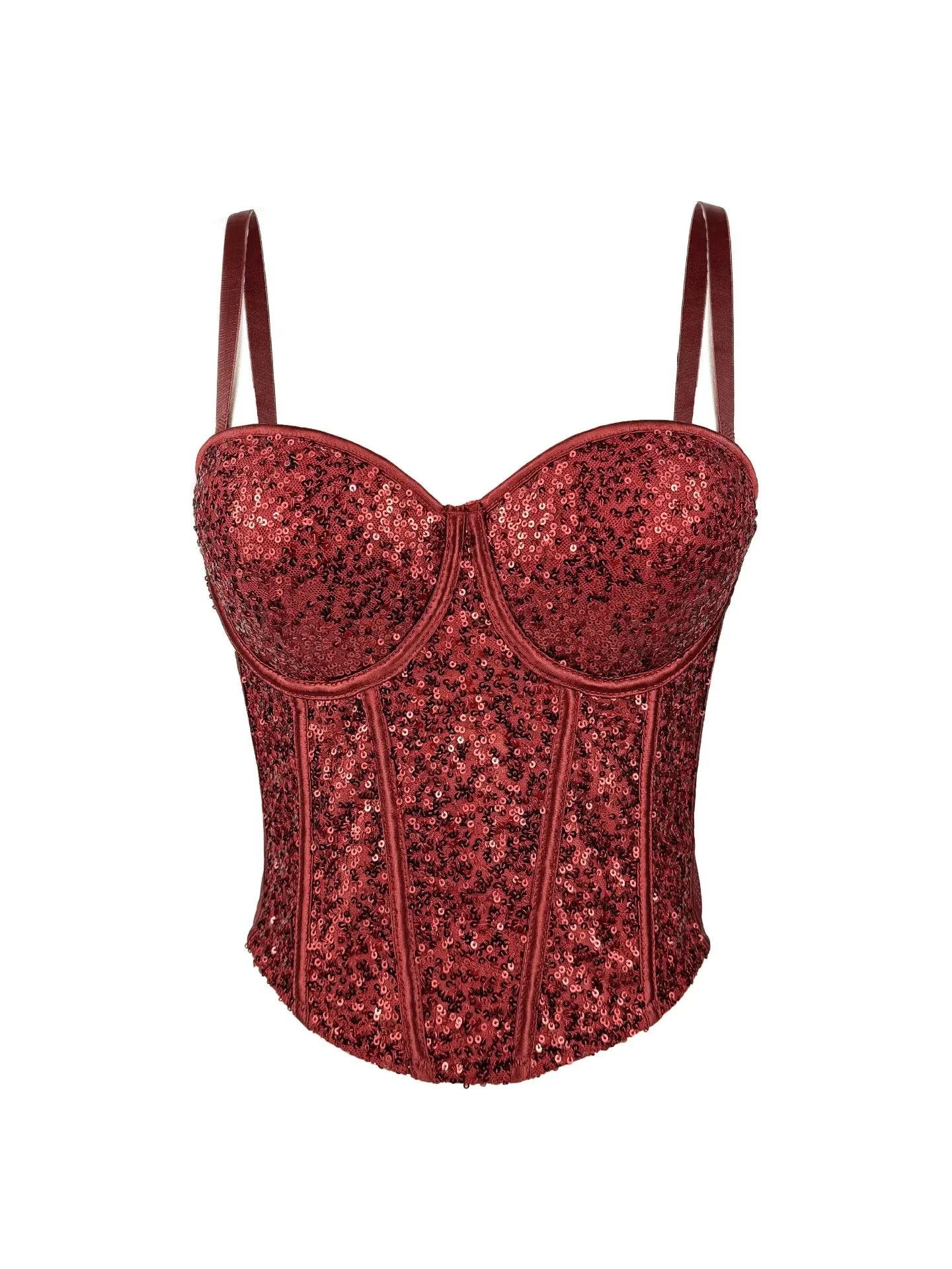 Fashionable clubwear sequin cami in deep red with structured cups and adjustable straps
