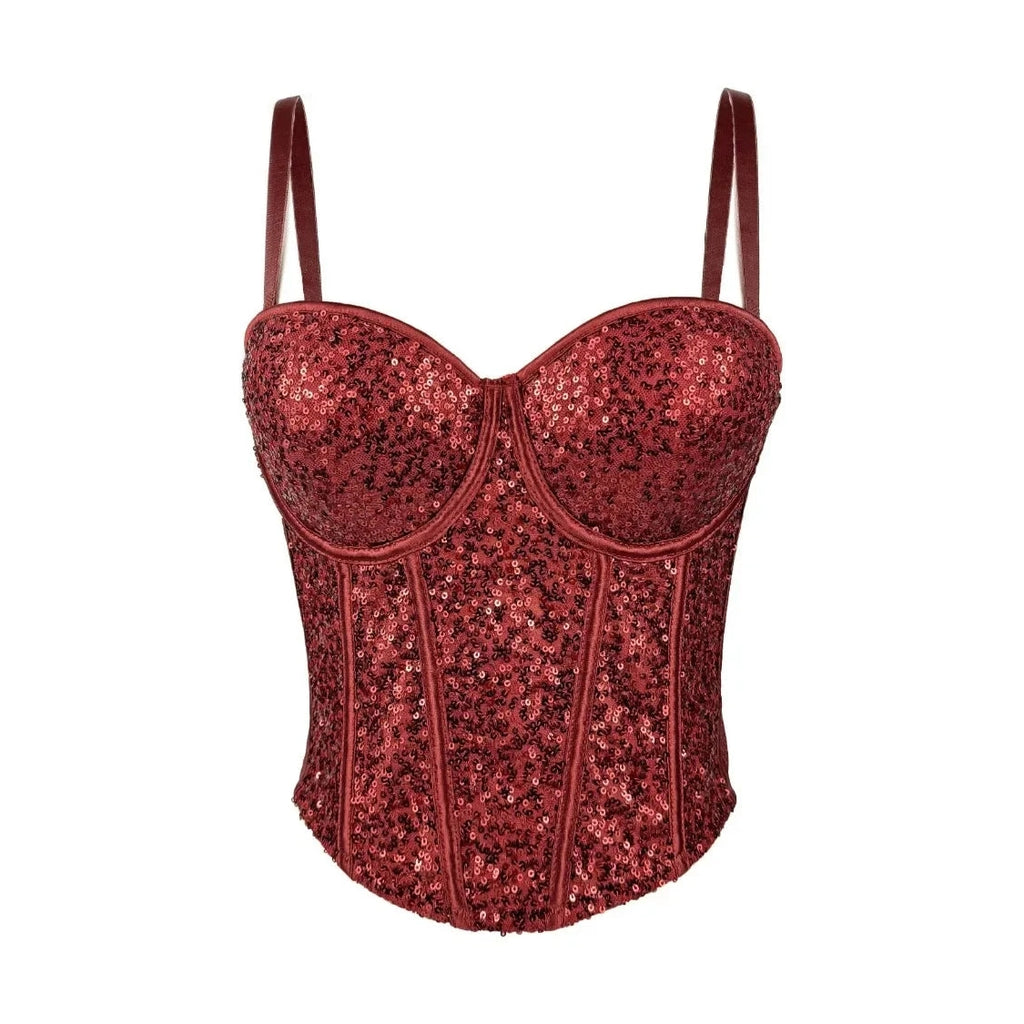 Red fashionable clubwear sequin cami with thin straps and structured bust detail