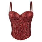 Red fashionable clubwear sequin cami with thin straps and structured bust detail