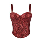 Red fashionable clubwear sequin cami with thin straps and structured bust detail