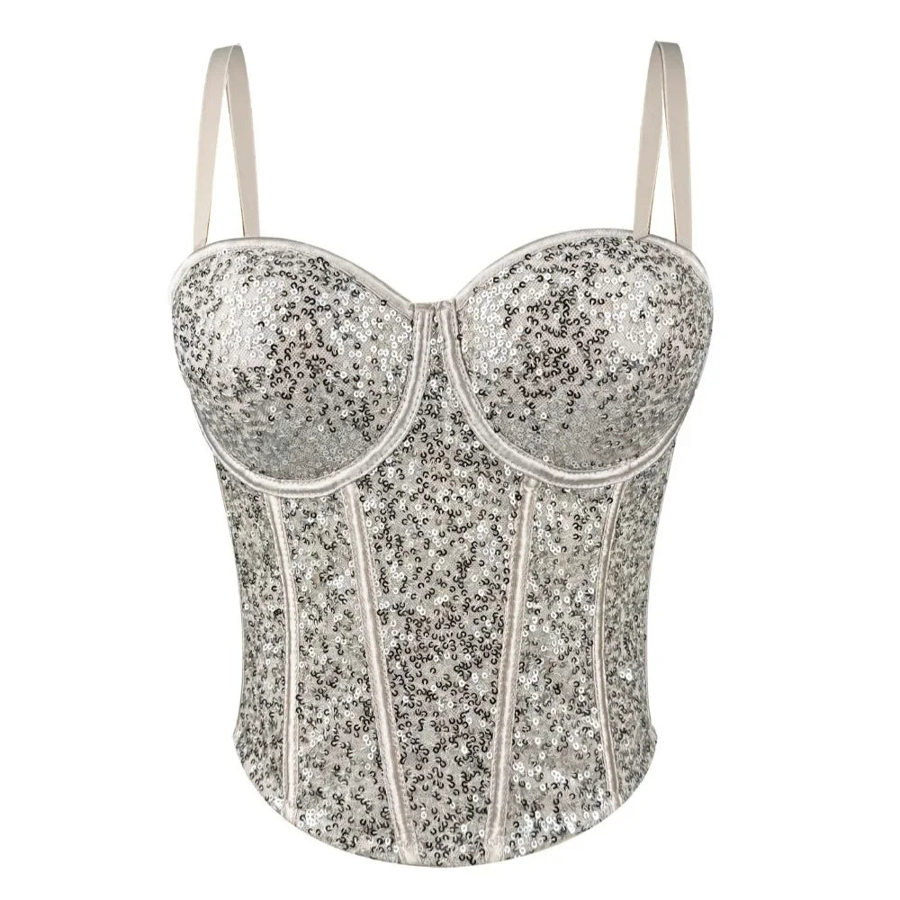 VacationGrabs fashionable clubwear sequin cami with silver sequins and adjustable straps