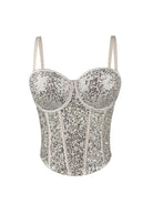 Silver fashionable clubwear sequin cami with adjustable straps and structured cups for a stylish night out