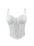 White fashionable clubwear sequin cami with structured cups and adjustable straps