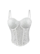White fashionable clubwear sequin cami with structured cups and adjustable straps