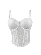 White fashionable clubwear sequin cami with structured cups and adjustable straps