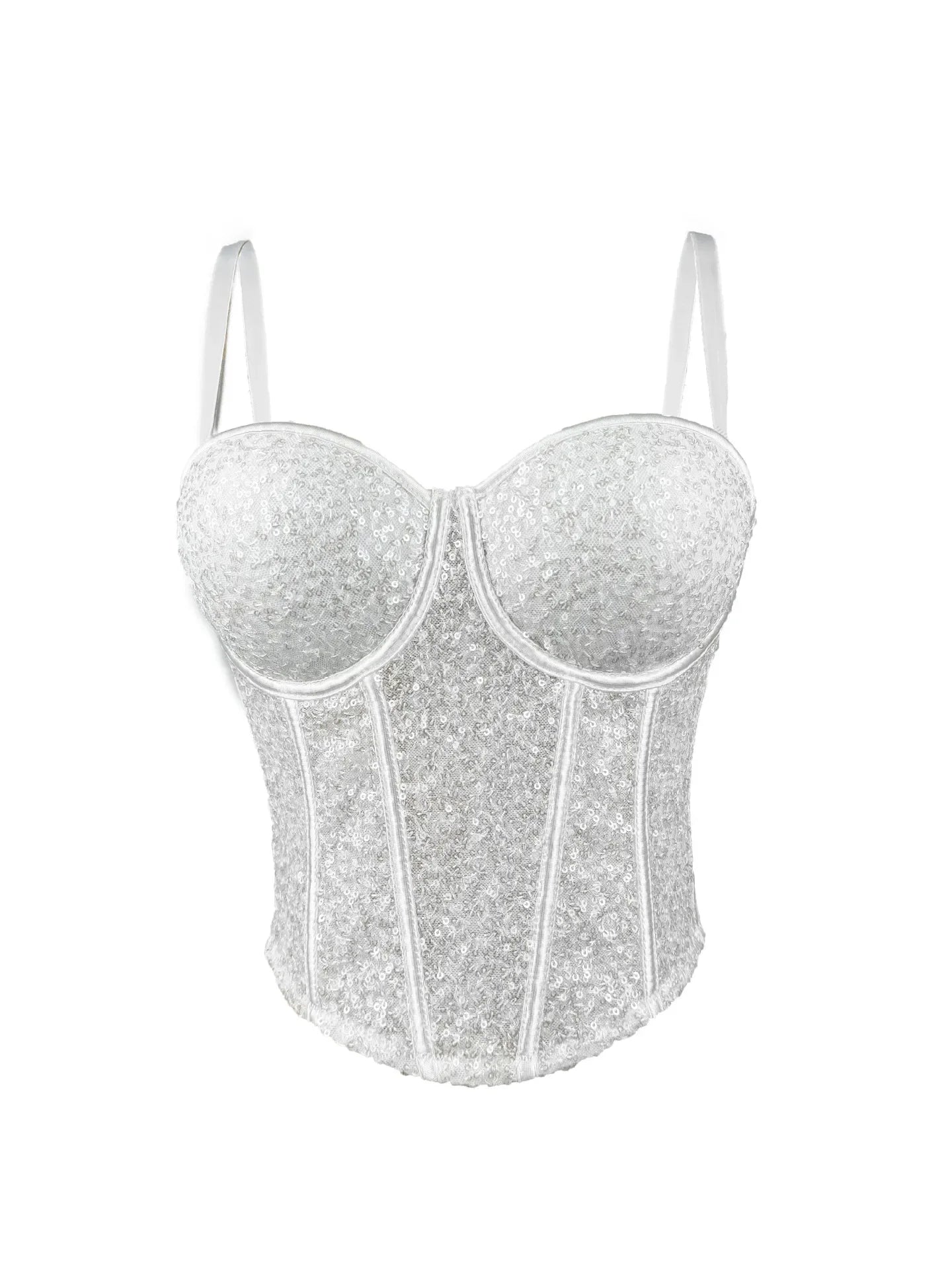 White fashionable clubwear sequin cami with structured cups and adjustable straps