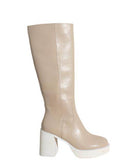 Fashionable Knee-High Boots for Women in Beige with Stylish Chunky Heel and Shiny Finish
