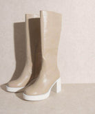 Oasis Society Fashionable Knee-High Boots for Women in Beige with Chunky White Heels