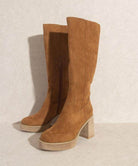 Oasis Society Fashionable Knee-High Boots for Women in Tan with Chunky Heels and Soft Suede Finish