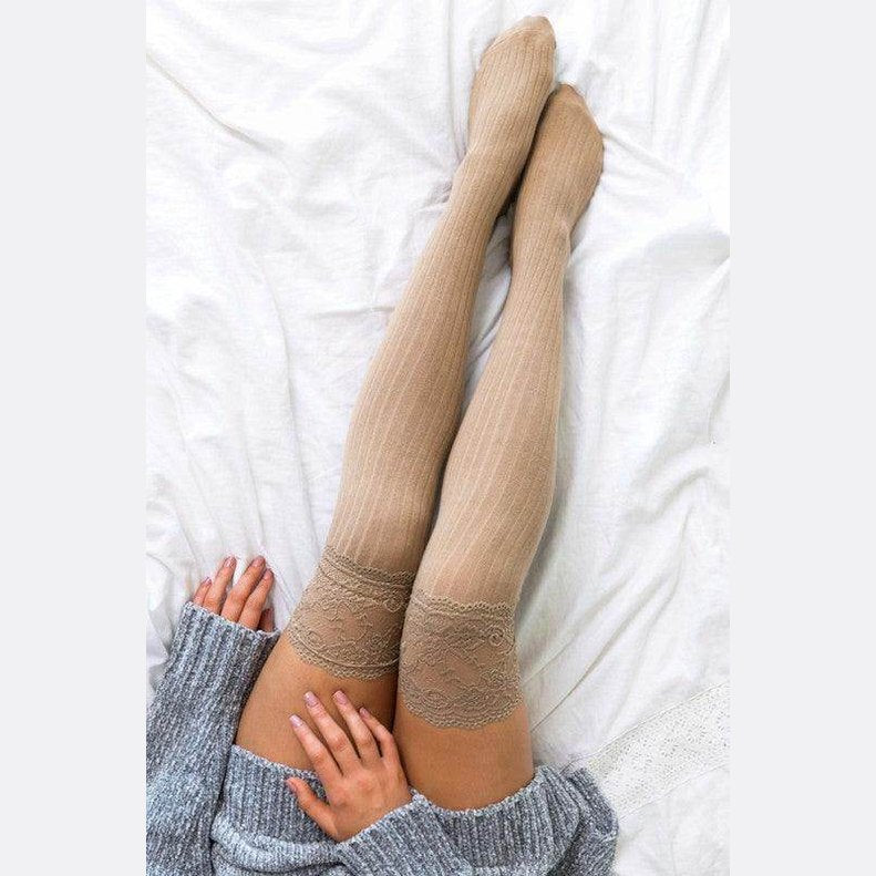 Aili's Corner fashionable knee high socks in beige with lace trim for stylish outfits