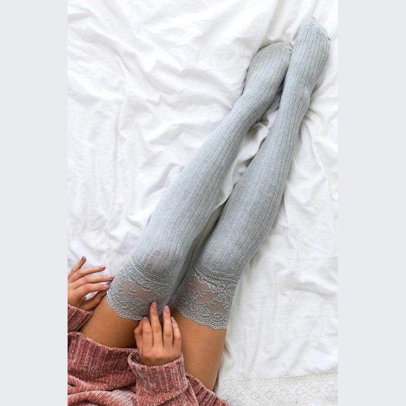 Cozy light grey fashionable knee high socks with lace trim for stylish layering