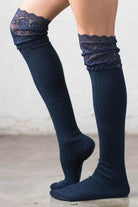 Navy fashionable knee high socks with lace trim for trendy women's fashion