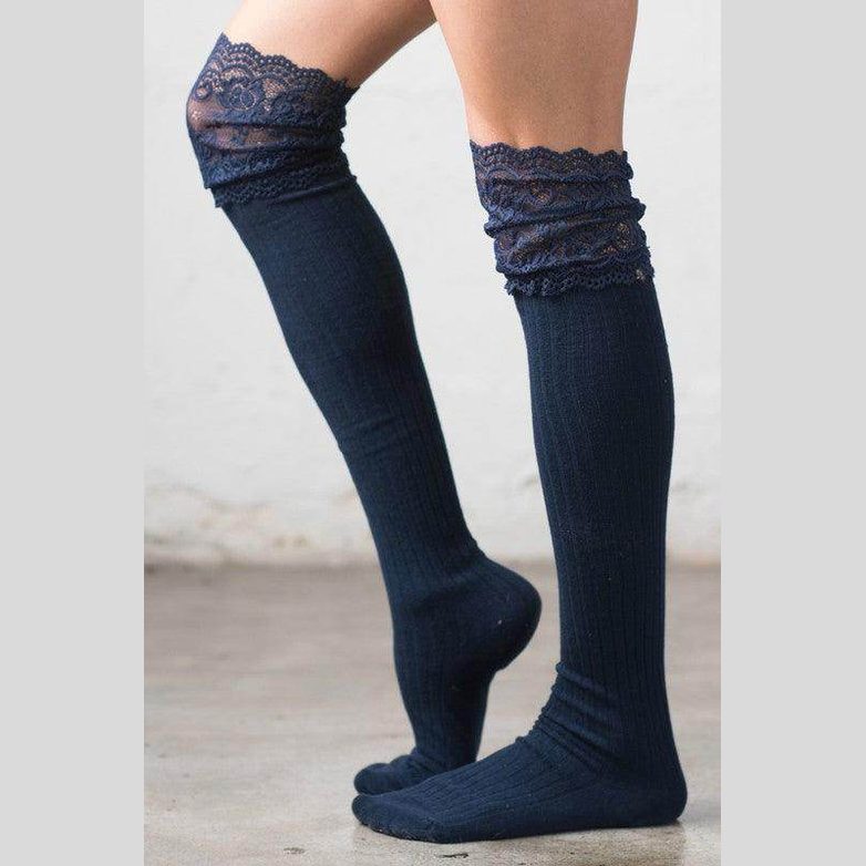 Navy fashionable knee high socks with lace trim for trendy women's fashion